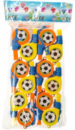12 Trillerpfeifen orange und gelb mit blauem Umhängeband, beidseitig mit Fussballsticker beklebt